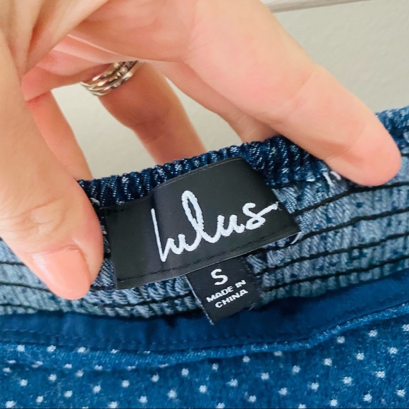 Lulu's Polkadot Denim Crop Top Blue Sz Small - Picture 6 of 7